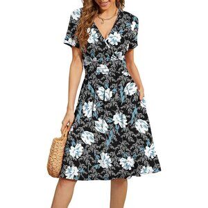 Women White Lily Short Sleeve V-Neck Floral Stretchy Party Dress with Pockets